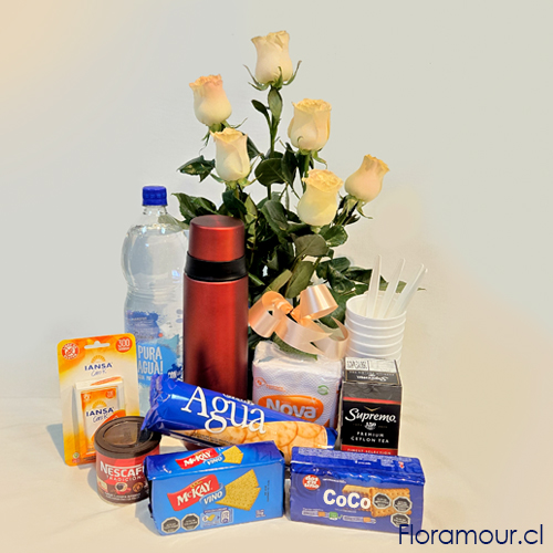 Conjunto: Termo, Tarro caf&eacute; peque&ntilde;o, caja de t&eacute;, endulzante, galletas, botella de agua, servilletas, vasos y cucharas desechables.